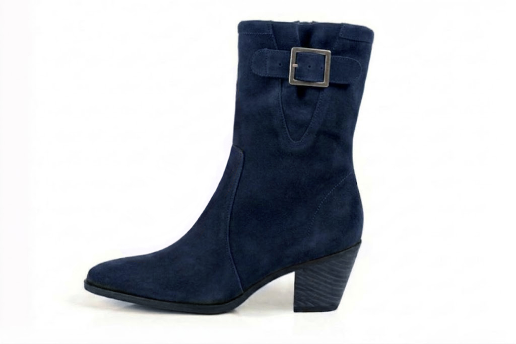 Classic leather ankle boots with a discreet inside zipper, designed for a seamless, elegant silhouette and effortless everyday wear, in navy blue leather with almond toe and mid cone heel - Florence KOOIJMAN
